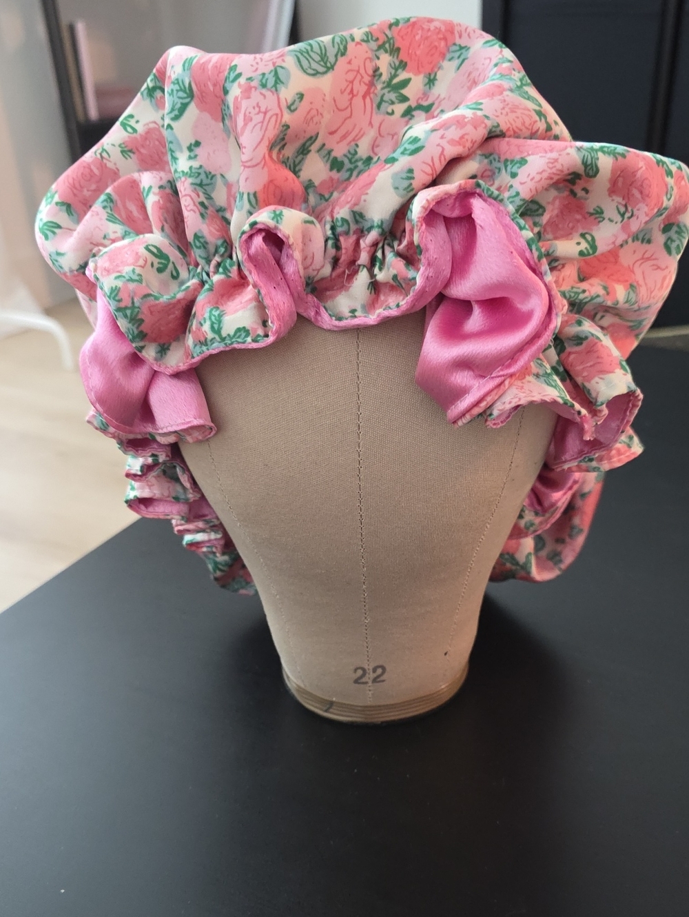 Handmade Hair Bonnet In Pink Rose Print